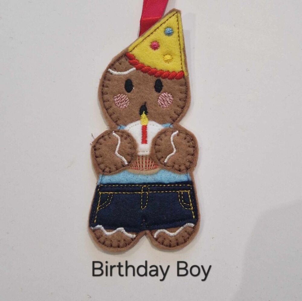 Birthday Boy, Birthday Girl Gingerbread Decoration. Available as a Hanging decoration, Keyring/Bag charm Or fridge magnet
