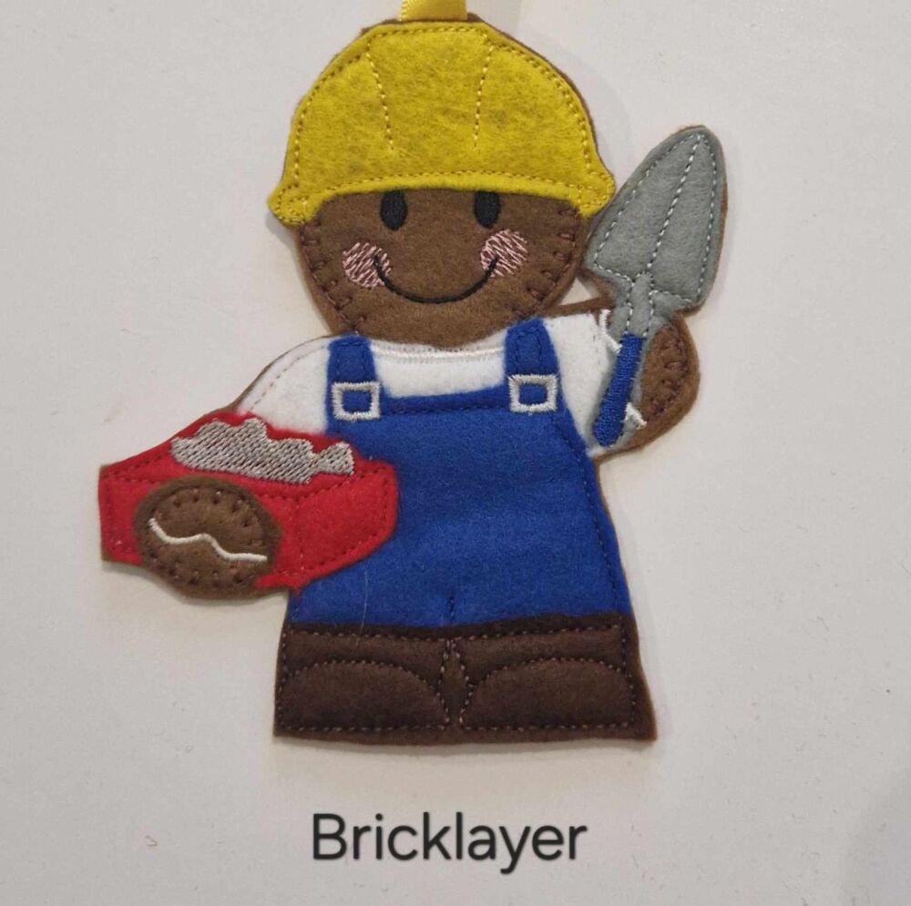 Bricklayer Gingerbread Decoration. Available as a Hanging decoration, Keyring/Bag charm Or fridge magnet
