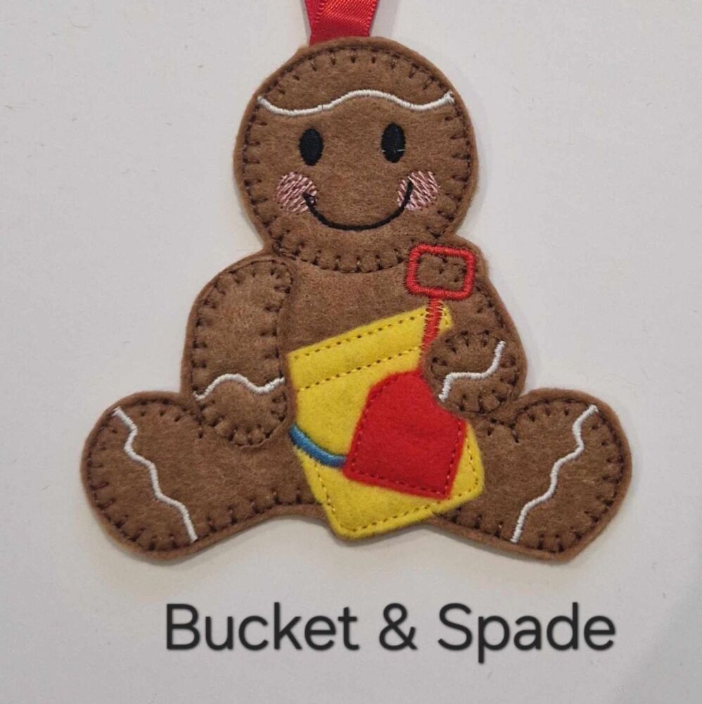 Bucket & Spade Gingerbread Decoration. Available as a Hanging decoration, Keyring/Bag charm Or fridge magnet