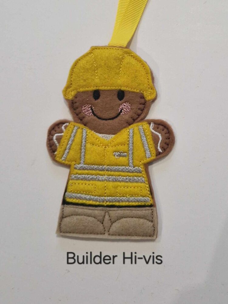 Builder Tool Belt  & Hi Vis Design Felt Gingerbread Decoration. Available as a Hanging decoration, Keyring/Bag charm Or fridge magnet