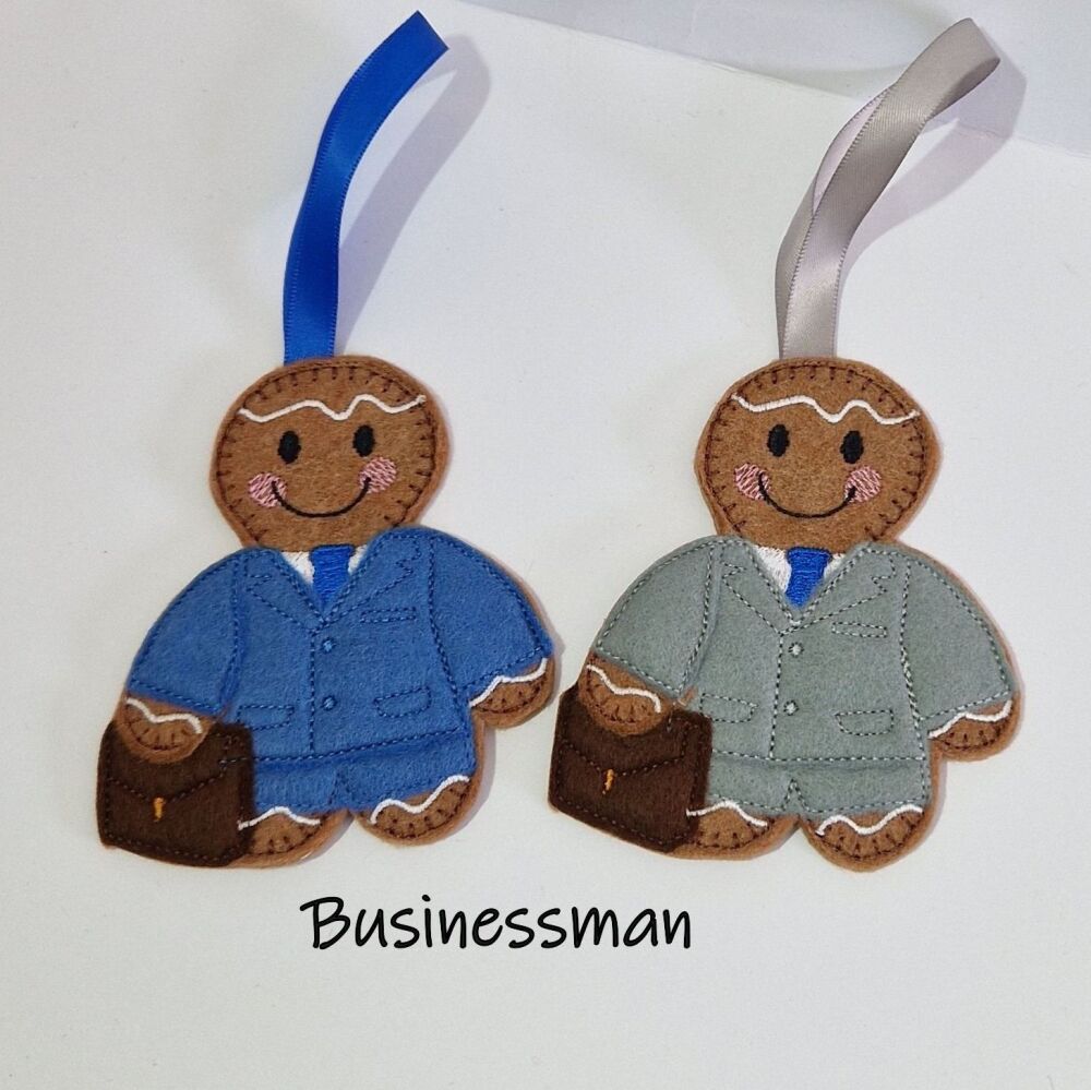 Businessman In Suit Felt Gingerbread Decoration. Available as a Hanging decoration, Keyring/Bag charm Or fridge magnet