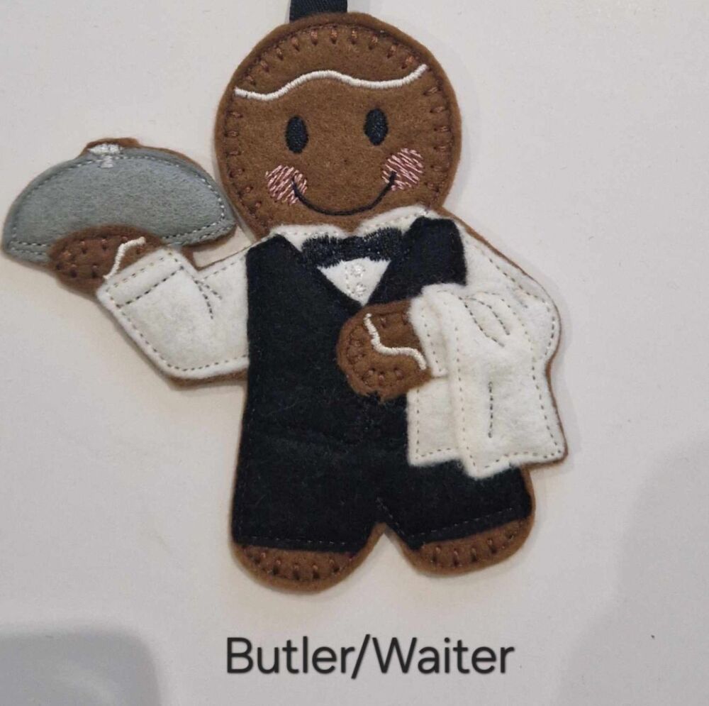 Butler/Waiter Felt Gingerbread Decoration. Available as a Hanging decoration, Keyring/Bag charm Or fridge magnet