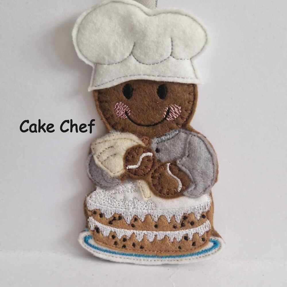 Cake Chef, Baker Gingerbread Felt Hanging Decoration, Christmas Tree Decoration. Available as Keyring & Fridge Magnet too.