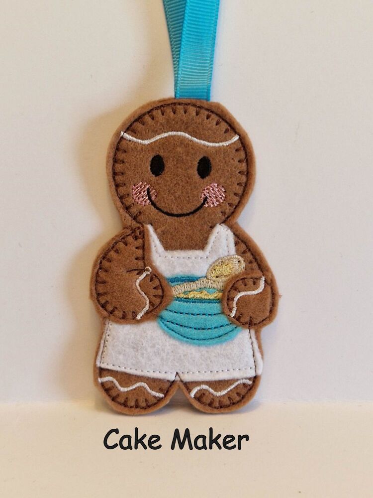 Cake Maker, Baker Gingerbread Felt Hanging Decoration, Christmas Tree Decoration. Available as Keyring & Fridge Magnet too.
