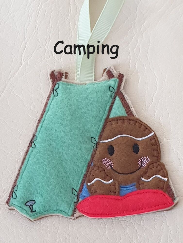camping Gingerbread Felt Hanging Decoration, Christmas Tree Decoration. Available as Keyring & Fridge Magnet too.