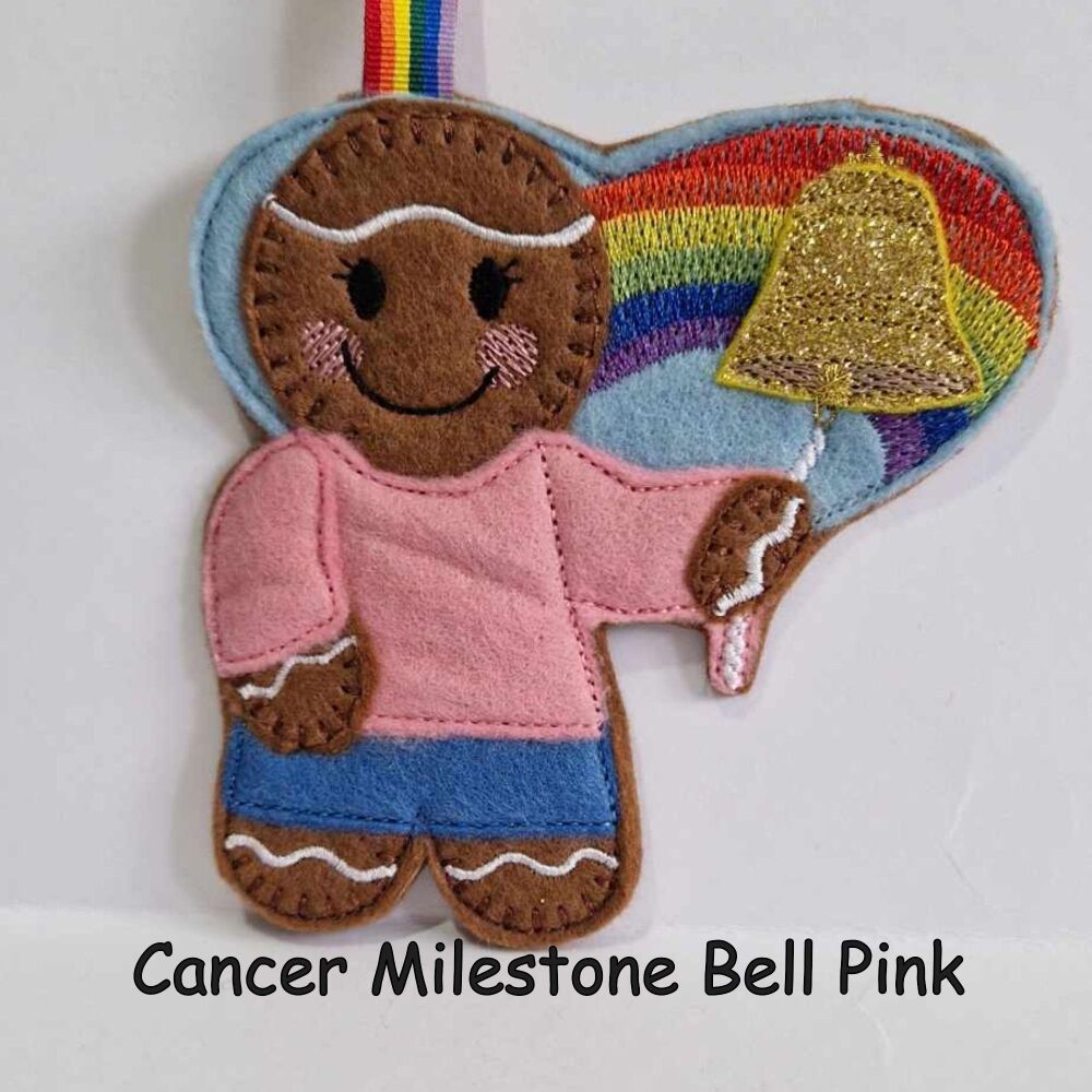 Cancer Milestone Bell Gingerbread Felt Hanging Decoration, Christmas Tree Decoration. Available as Keyring & Fridge Magnet too.