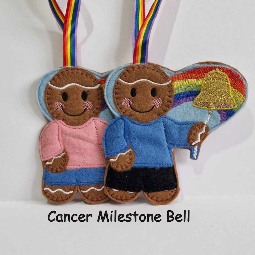 Cancer Milestone Bell Gingerbread Felt Hanging Decoration, Christmas Tree Decoration. Available as Keyring & Fridge Magnet too.