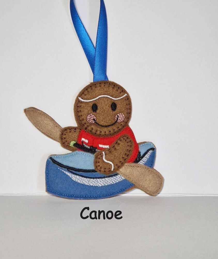 Canoe Canoeing Gingerbread Felt Hanging Decoration, Christmas Tree Decoration. Available as Keyring & Fridge Magnet too.
