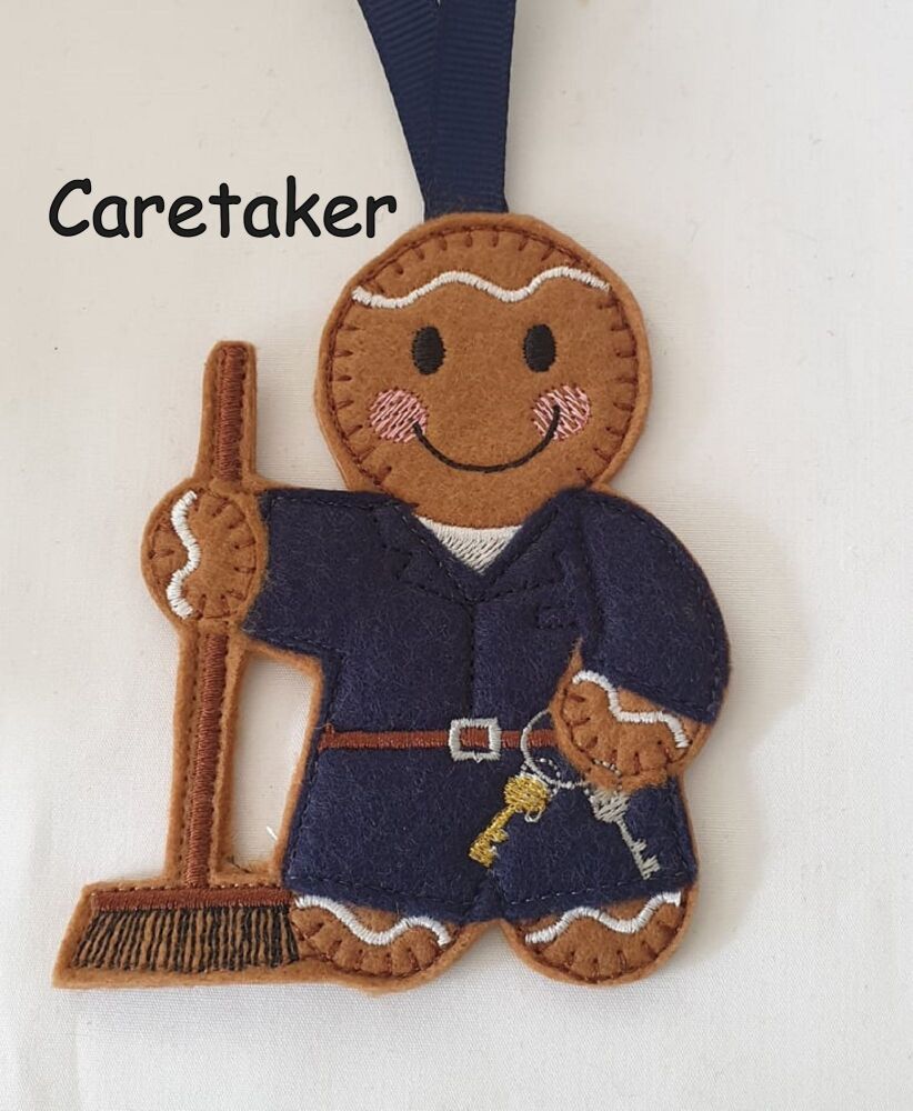 Caretaker Gingerbread Felt Hanging Decoration, Christmas Tree Decoration. Available as Keyring & Fridge Magnet too.