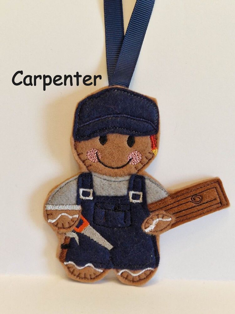 Carpenter Gingerbread Felt Hanging Decoration, Christmas Tree Decoration. Available as Keyring & Fridge Magnet too.