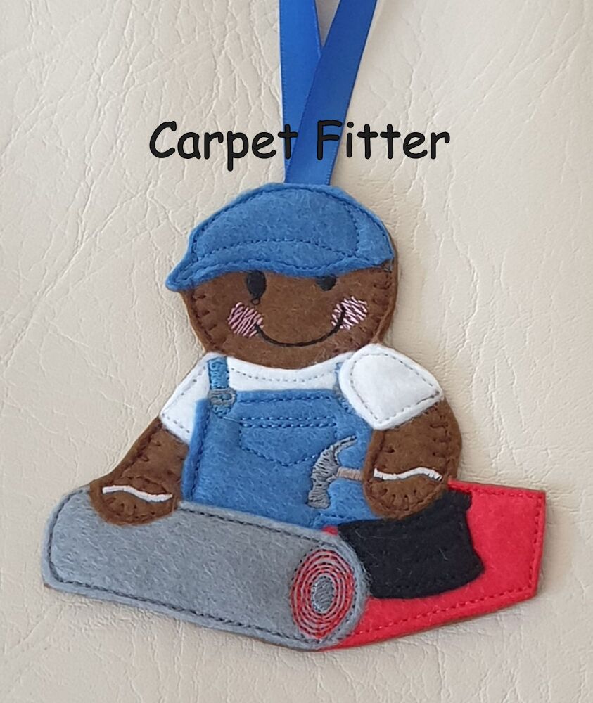 Carpet Layer, Carpet Fitter Gingerbread Felt Hanging Decoration, Christmas Tree Decoration. Available as Keyring & Fridge Magnet too.