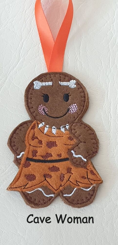 Caveman, Cavewoman Gingerbread Felt Hanging Decoration, Christmas Tree Decoration. Available as Keyring & Fridge Magnet too.
