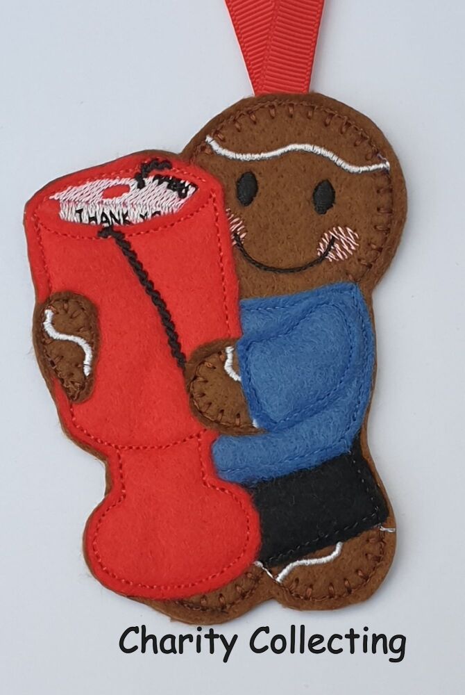 Charity Collector Gingerbread Felt Hanging Decoration, Christmas Tree Decoration. Available as Keyring & Fridge Magnet too.