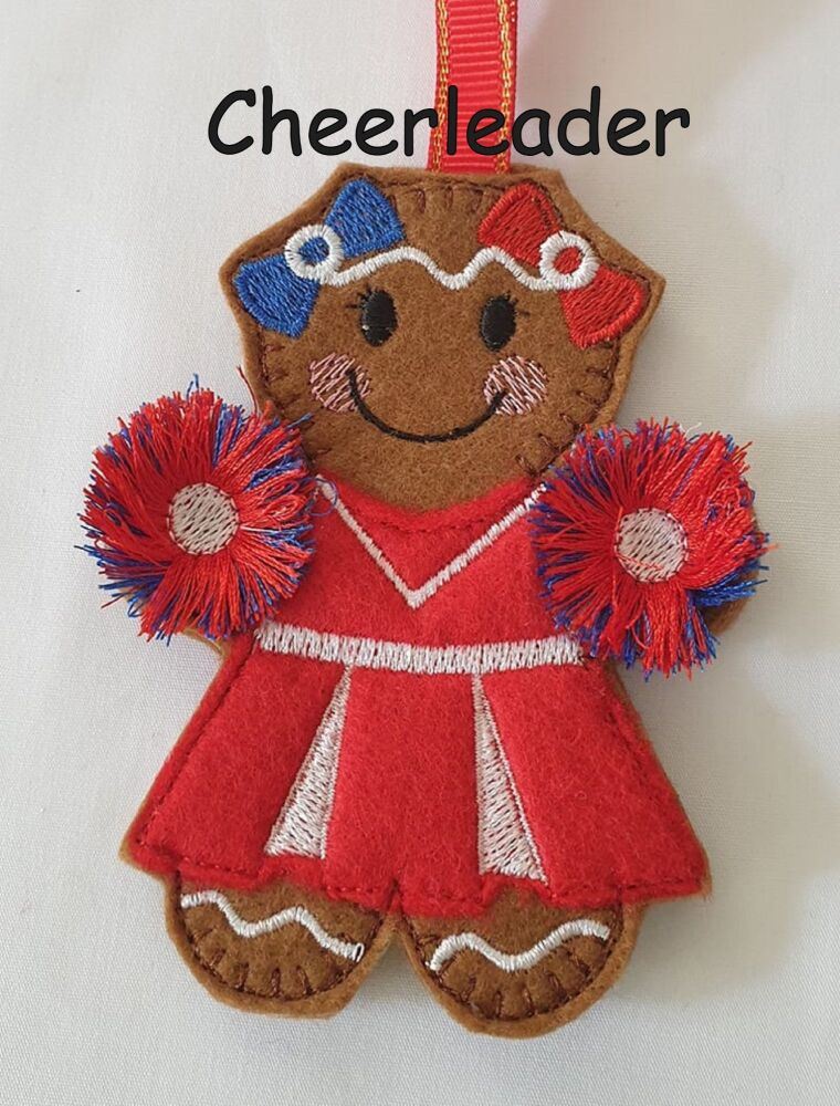 Cheerleader Gingerbread Felt Hanging Decoration, Christmas Tree Decoration. Available as Keyring & Fridge Magnet too.