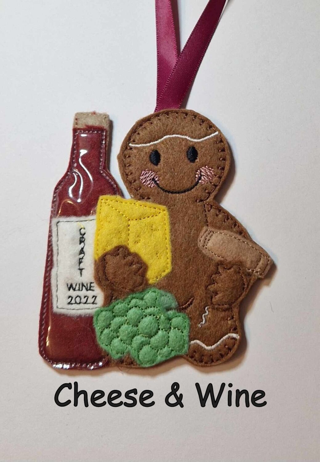 Cheese, wine & Grapes Gingerbread Felt Hanging Decoration, Christmas Tree D