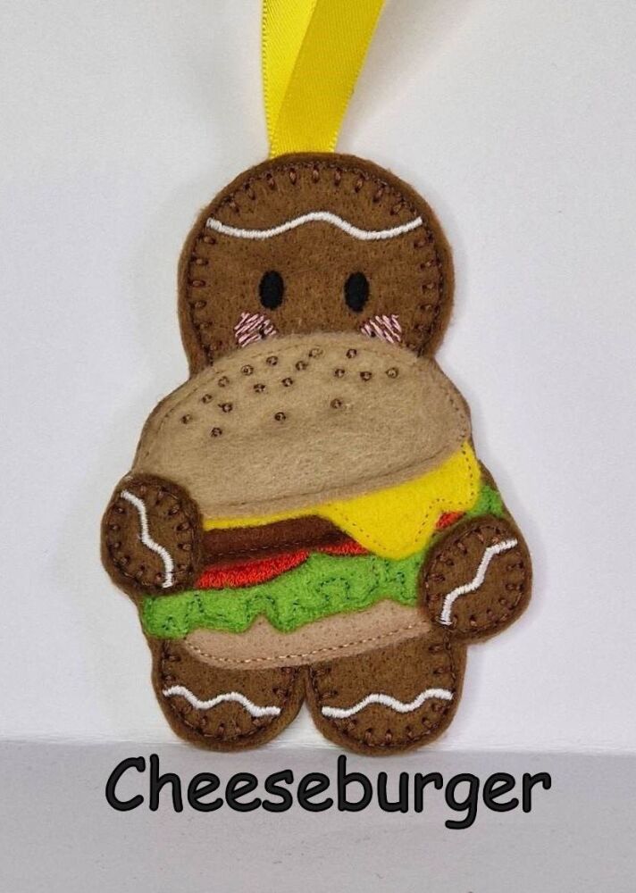Cheeseburger, burger Gingerbread Felt Hanging Decoration, Christmas Tree Decoration. Available as Keyring & Fridge Magnet too.