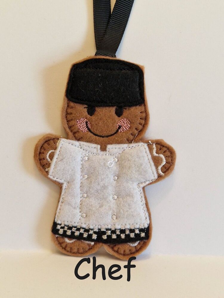 Chef Gingerbread Felt Hanging Decoration, Christmas Tree Decoration. Available as Keyring & Fridge Magnet too.