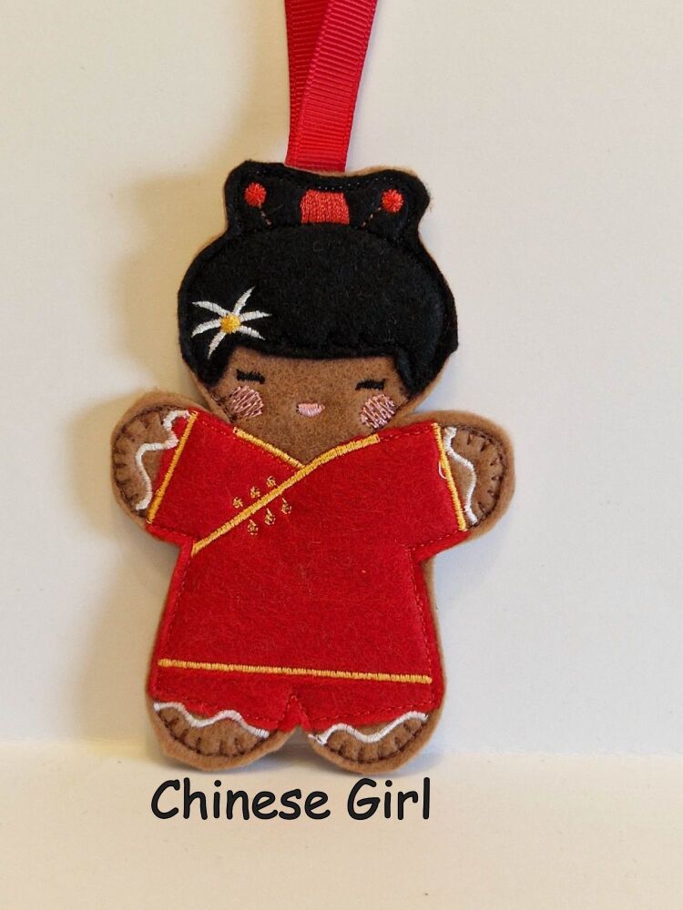 Chinese Girl Gingerbread Felt Hanging Decoration, Christmas Tree Decoration. Available as Keyring & Fridge Magnet too.