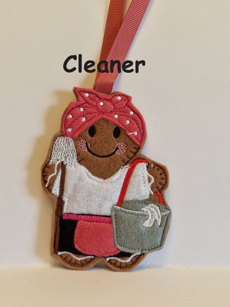 Cleaner House keeper Gingerbread Felt Hanging Decoration, Christmas Tree Decoration. Available as Keyring & Fridge Magnet too.