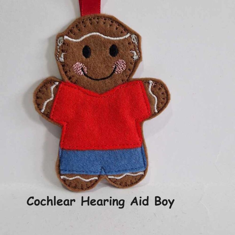 Cochlear Hearing Implant, Hearing Aid Gingerbread Felt Hanging Decoration, Christmas Tree Decoration. Available as Keyring & Fridge Magnet too.