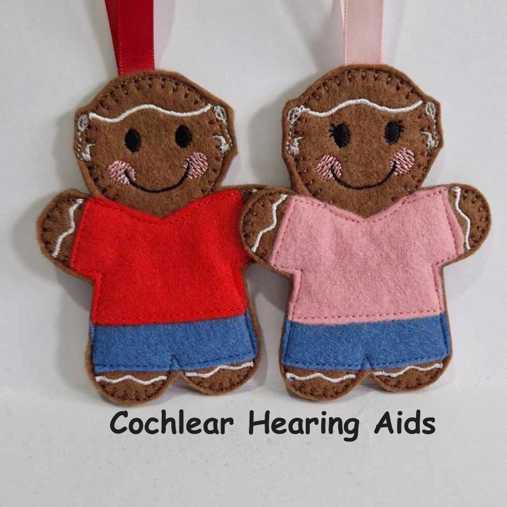 Cochlear Hearing Implant, Hearing Aid Gingerbread Felt Hanging Decoration, Christmas Tree Decoration. Available as Keyring & Fridge Magnet too.