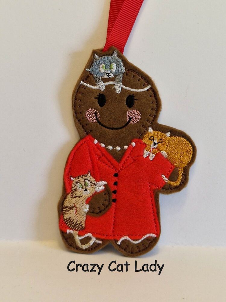 Crazy Cat Lady Gingerbread Felt Hanging Decoration, Christmas Tree Decoration. Available as Keyring & Fridge Magnet too.