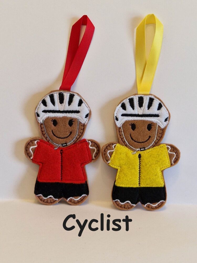 Cyclist  Gingerbread Felt Hanging Decoration, Christmas Tree Decoration. Available as Keyring & Fridge Magnet too.