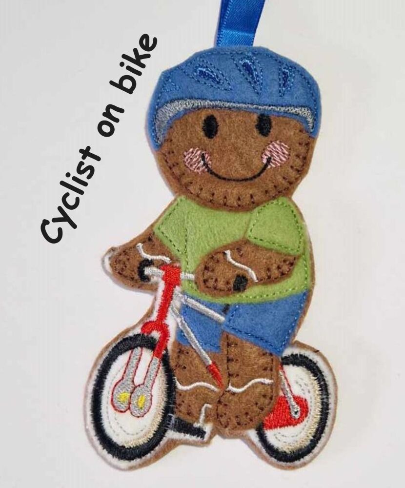Cyclist  on bike Gingerbread Felt Hanging Decoration, Christmas Tree Decoration. Available as Keyring & Fridge Magnet too.