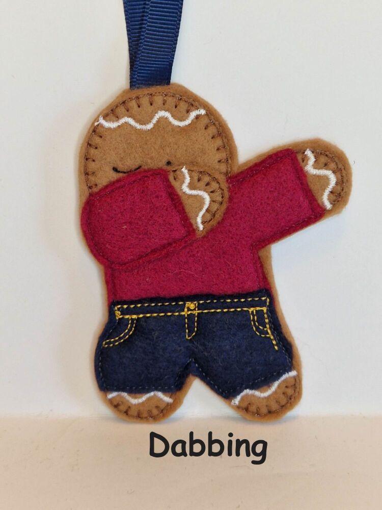 Dabbing Gingerbread Felt Hanging Decoration, Christmas Tree Decoration. Available as a Hanging decoration, Keyring/Bag charm Or fridge magnet