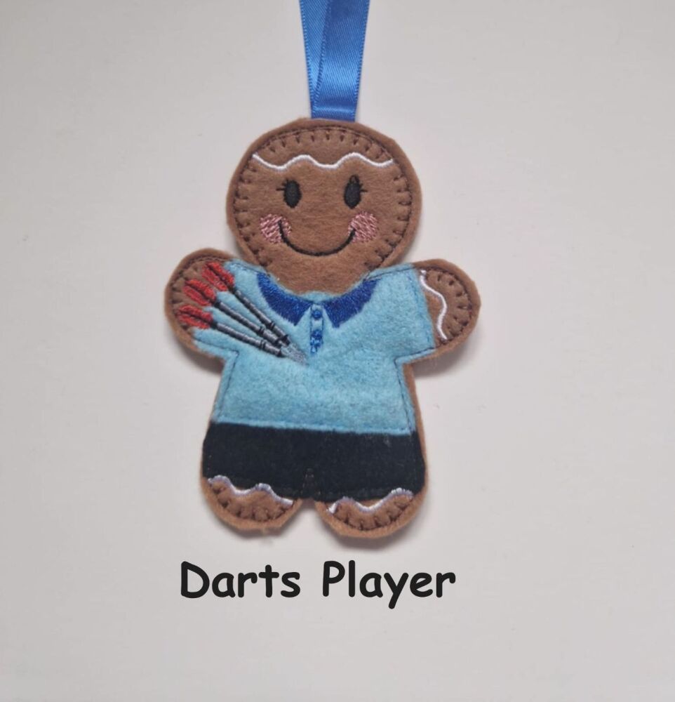 Darts Player Gingerbread Felt Hanging Decoration, Christmas Tree Decoration. Available as Keyring & Fridge Magnet too.