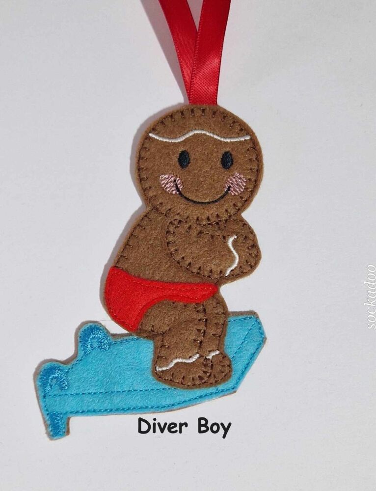 Diver, Diving Gingerbread Felt Hanging Decoration, Christmas Tree Decoration.