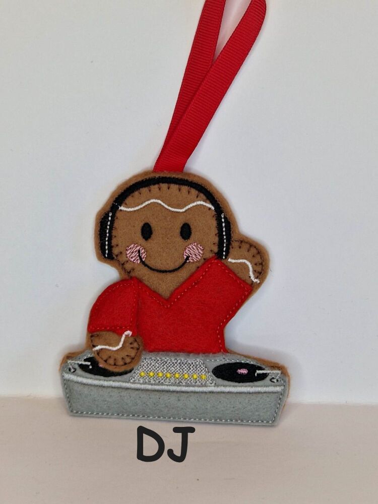 DJ, Disc jockey Gingerbread Felt Hanging Decoration, Christmas Tree Decoration. Available as Keyring & Fridge Magnet too.