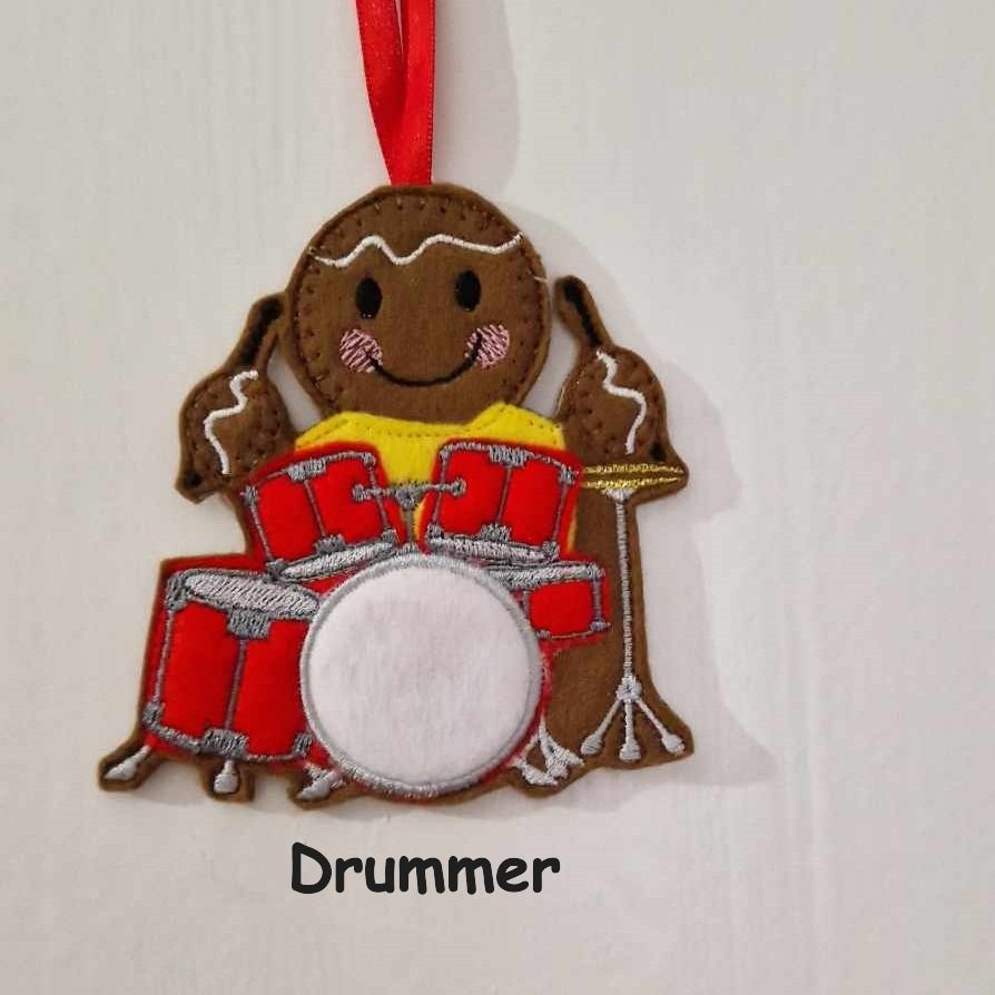 Drummer Gingerbread Felt Hanging Decoration, Christmas Tree Decoration. Available as Keyring & Fridge Magnet too.