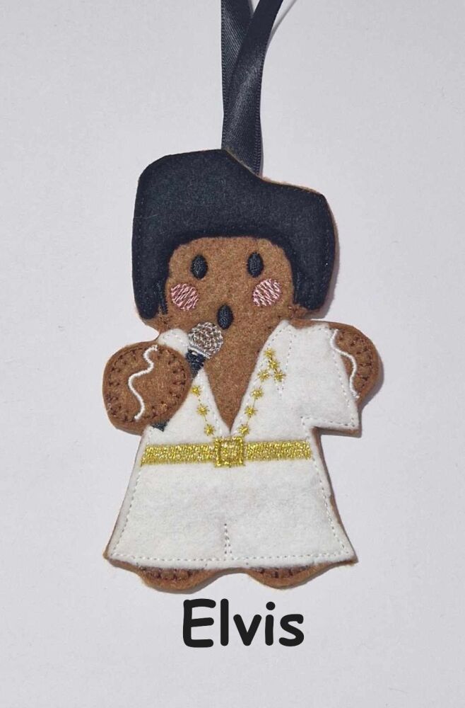 Elvis, Rock n Roll Gingerbread Felt Hanging Decoration, Christmas Tree Decoration.