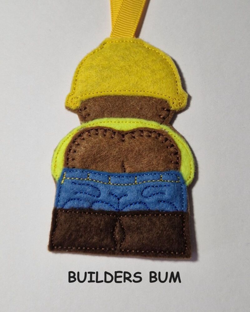 Construction Collection Builders Bum, Mooning  Gingerbread Felt Hanging Decoration, Christmas Tree Decoration. Available as Keyring & Fridge Magnet to