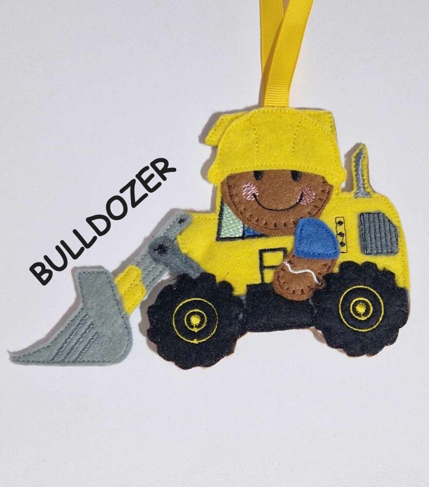 Construction Collection Bulldozer, Builders Bum Gingerbread Felt Hanging Decoration, Christmas Tree Decoration.