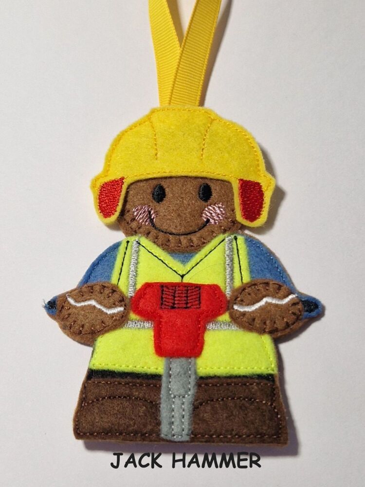 Construction Collection Jack Hammer Gingerbread Felt Hanging Decoration, Christmas Tree Decoration. Available as Keyring & Fridge Magnet too.
