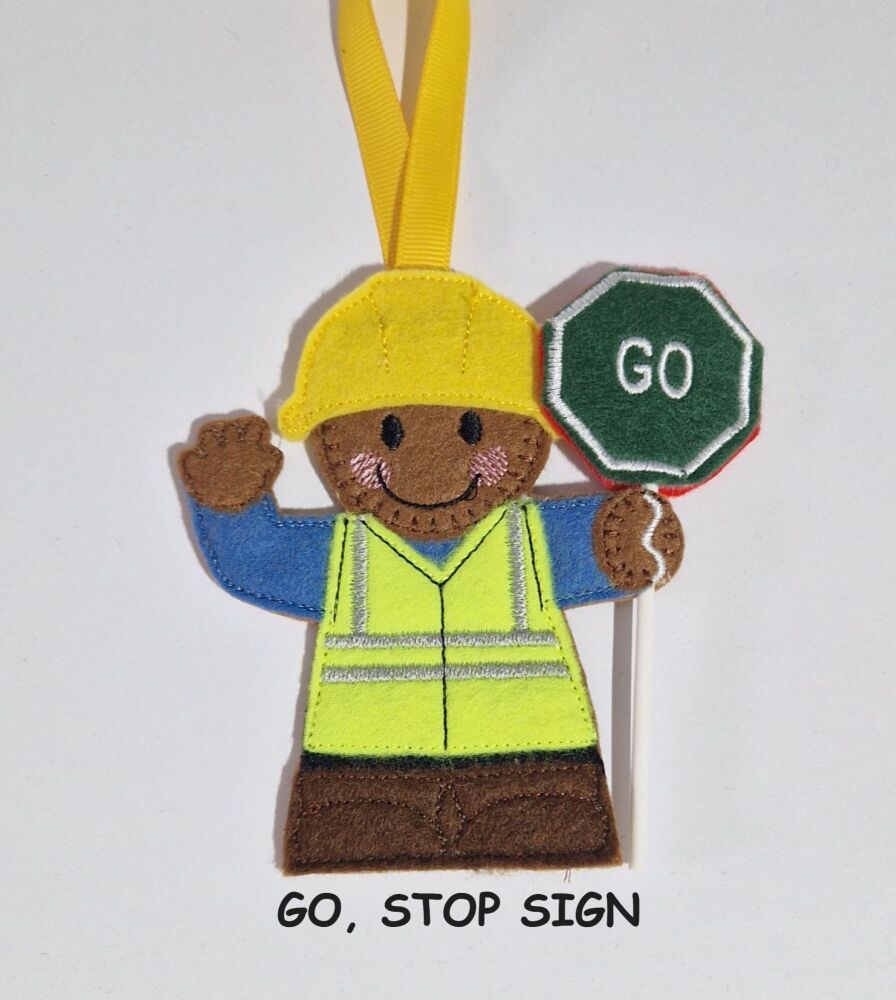 Construction Collection Stop Go Sign Gingerbread Felt Hanging Decoration, Christmas Tree Decoration. Available as Keyring & Fridge Magnet too.