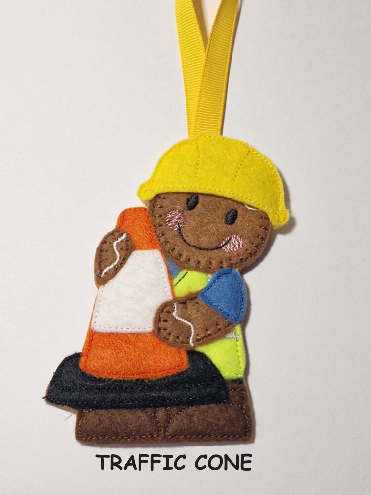 Construction Collection Traffic Cone Gingerbread Felt Hanging Decoration, Christmas Tree Decoration. Available as Keyring & Fridge Magnet too.
