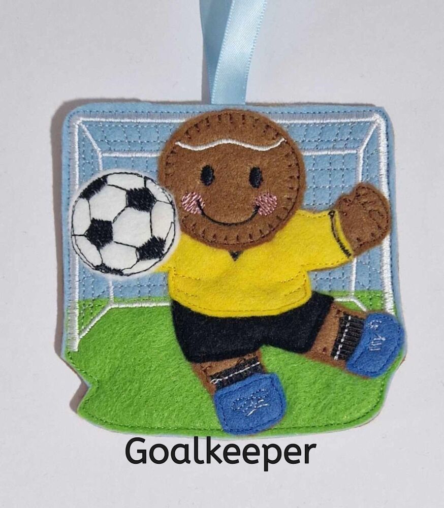 Football Goalkeeper, Goalie Gingerbread Felt Hanging Decoration, Christmas Tree Decoration. Available as Keyring & Fridge Magnet too.