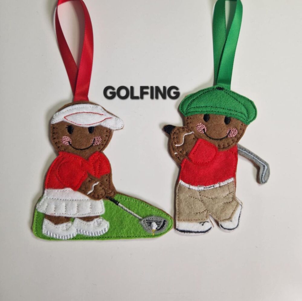 Golf, Golfing Gingerbread Felt Hanging Decoration, Christmas Tree Decoration. Available as Keyring & Fridge Magnet too.