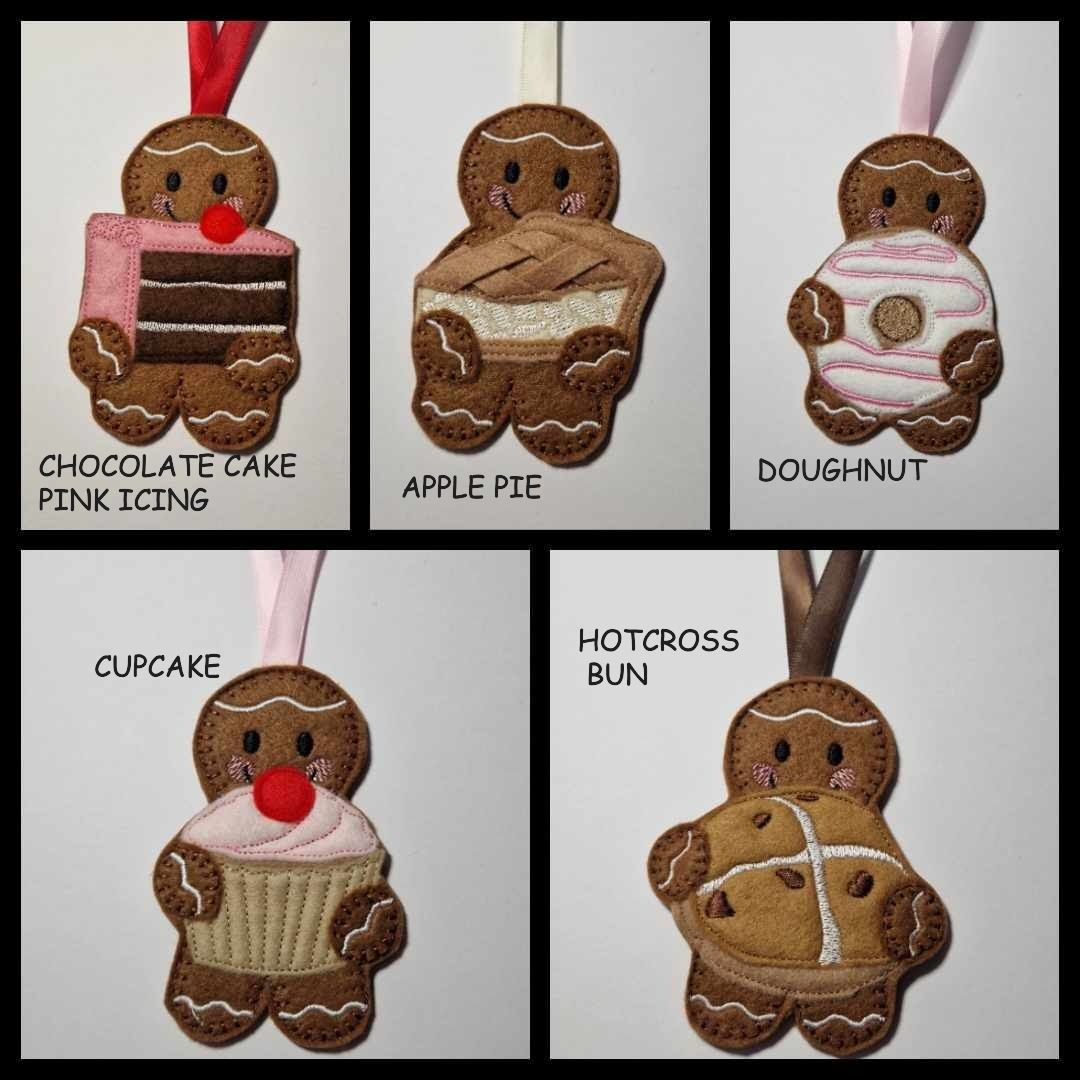 GINGERBREAD with CAKES & DESSERTS  15 DIFFERENT VARIETIES, Apple pie, Bakewell Tart, tarts, cake slices, éclair, cupcake, cheesecake Hanging Decoratio