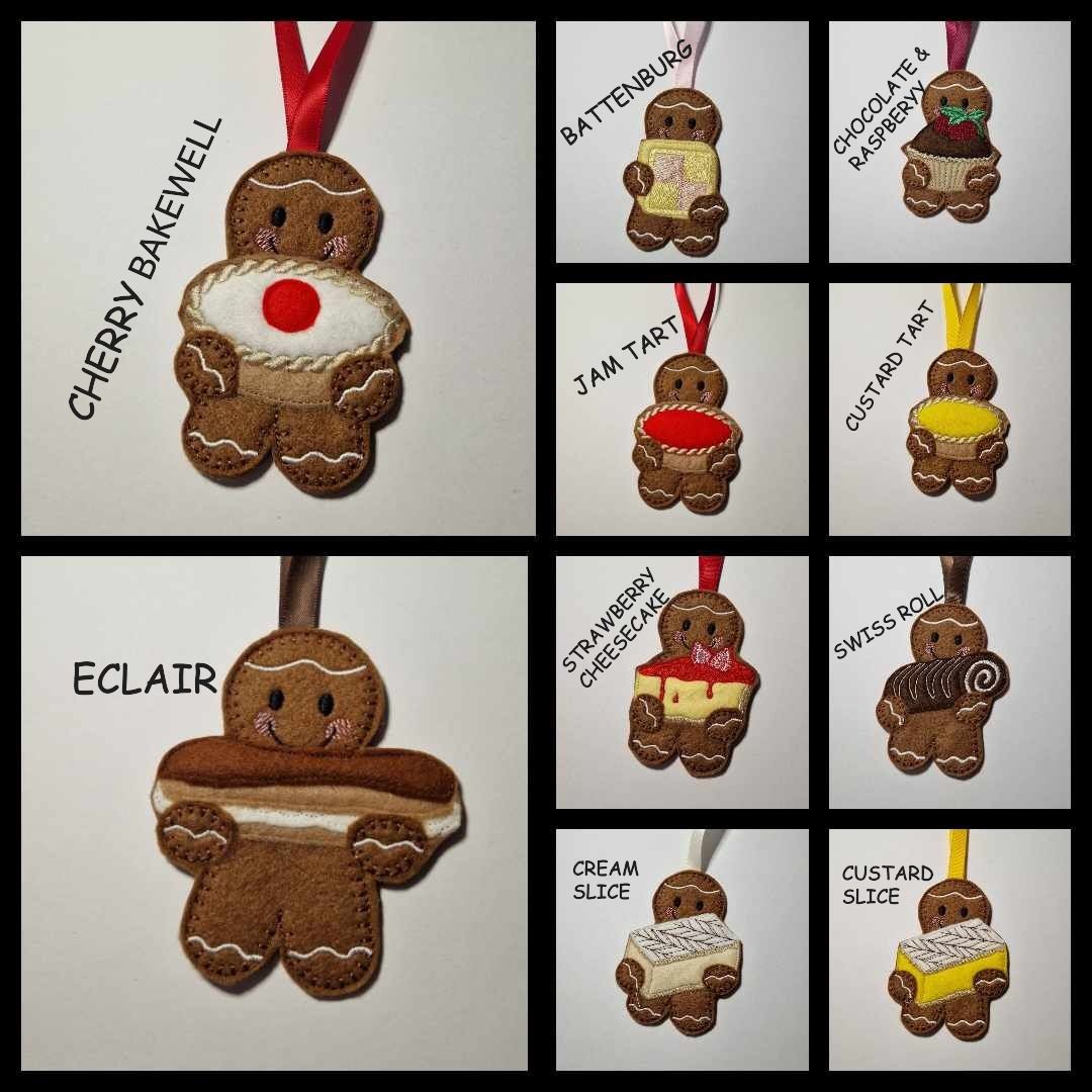 GINGERBREAD with CAKES & DESSERTS  15 DIFFERENT VARIETIES, Apple pie, Bakewell Tart, tarts, cake slices, éclair, cupcake, cheesecake Hanging Decoratio