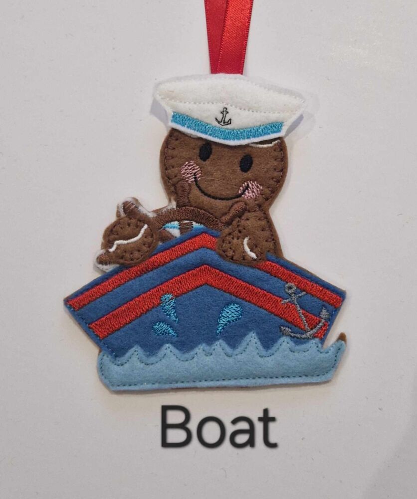 Gingerbread Sailing In a Boat Felt Hanging Decoration, Christmas Tree Decoration.