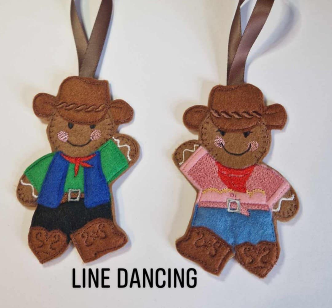 Cowboy, Cowgirl, Line Dancing  Gingerbread Felt Hanging Decoration, Christmas Tree Decoration. Available as Keyring & Fridge Magnet too.