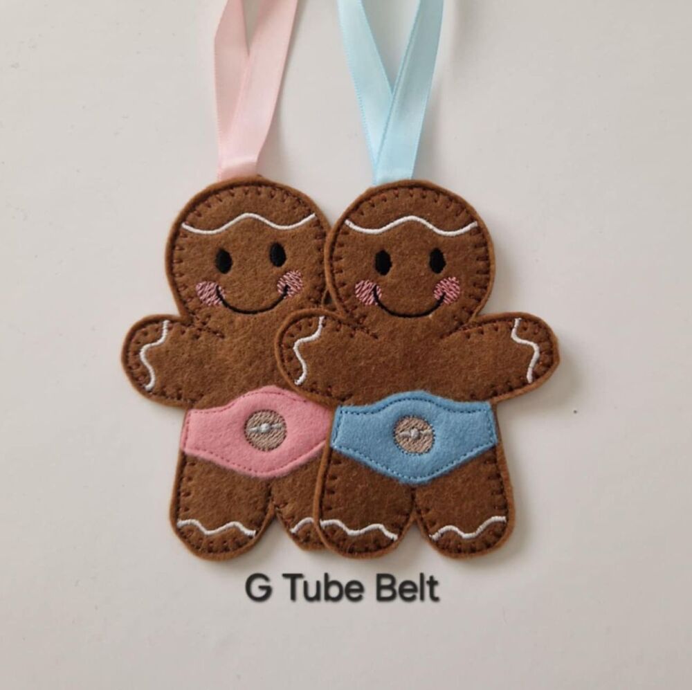 G-Tube Wearer Gingerbread Felt Hanging Decoration, Christmas Tree Decoration. Available as Keyring & Fridge Magnet too.