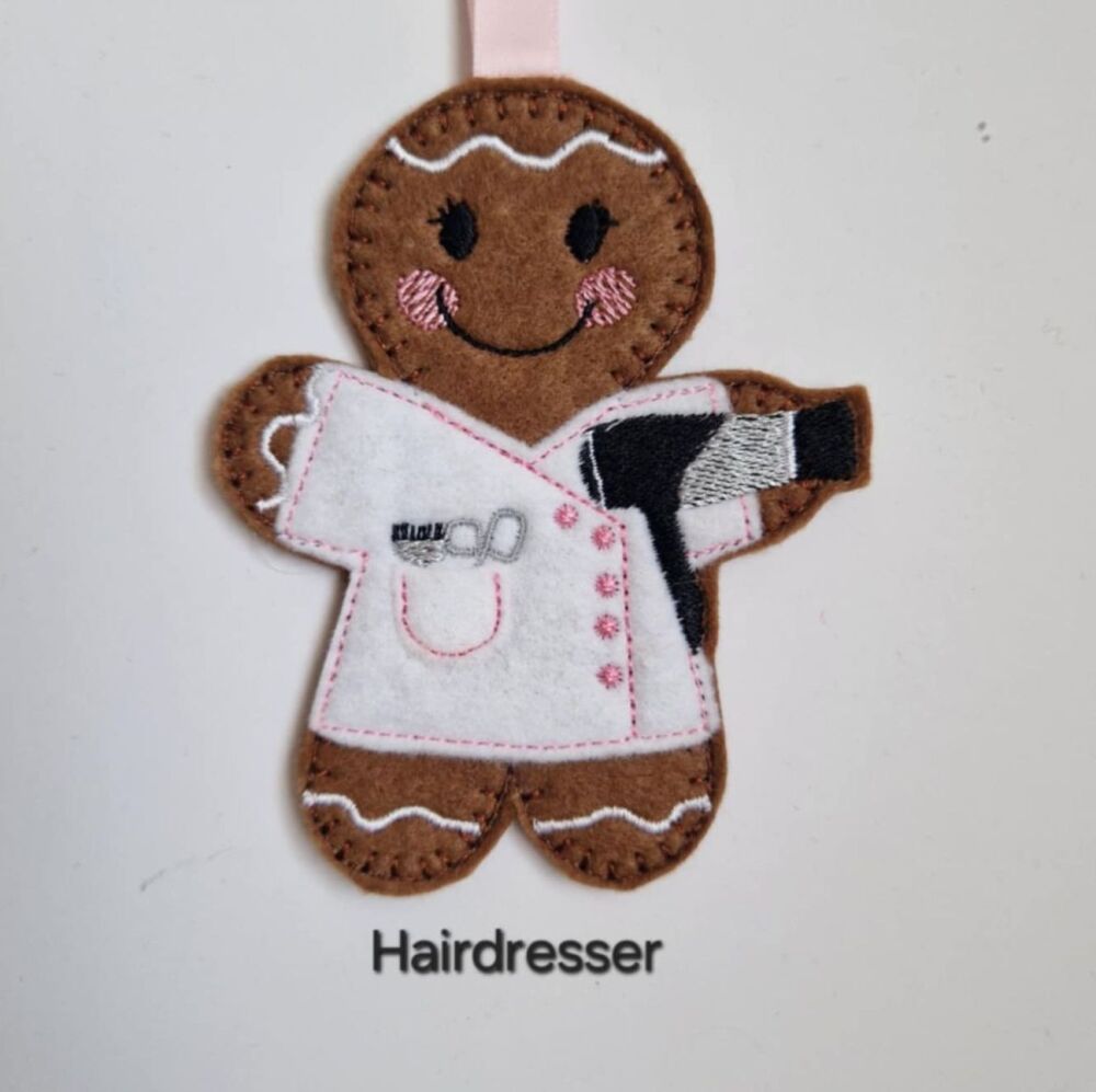 Hairdresser Gingerbread Felt Hanging Decoration, Christmas Tree Decoration. Available as Keyring & Fridge Magnet too.