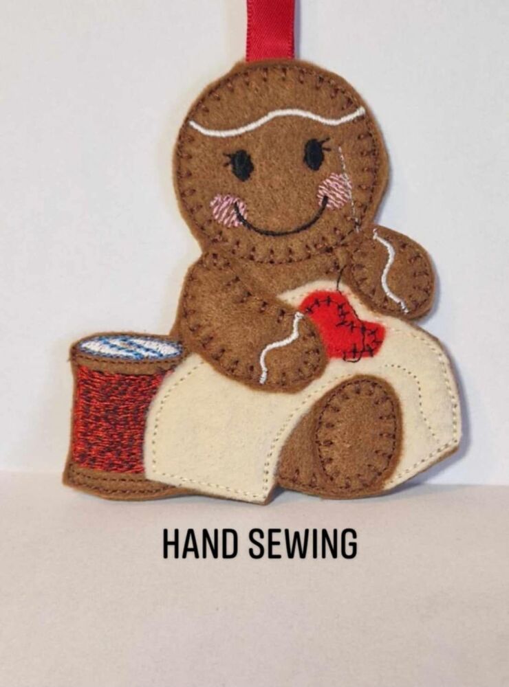 Hand sewing Gingerbread Felt Hanging Decoration, Christmas Tree Decoration. Available as Keyring & Fridge Magnet too.