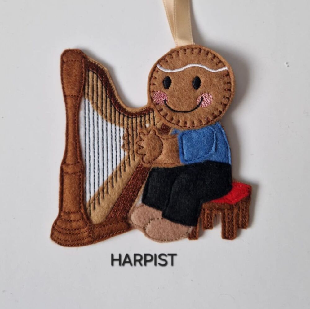 Harpist Playing Felt Gingerbread Decoration. Available as a Hanging decoration