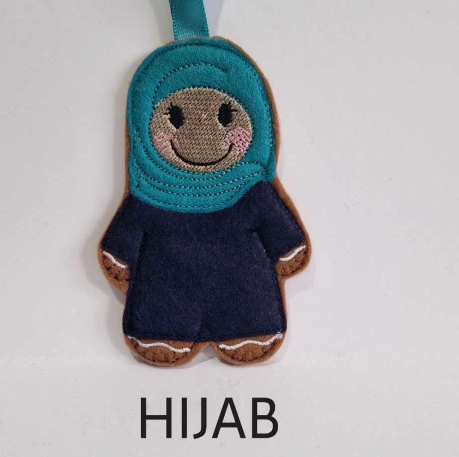 Hijab headscarf Gingerbread Felt Hanging Decoration, Christmas Tree Decoration. Available as Keyring & Fridge Magnet too.